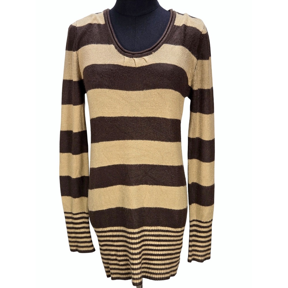 Women's‎ Vintage Y2K Large Brown Tan Striped Longline Scoop Neck Sweater